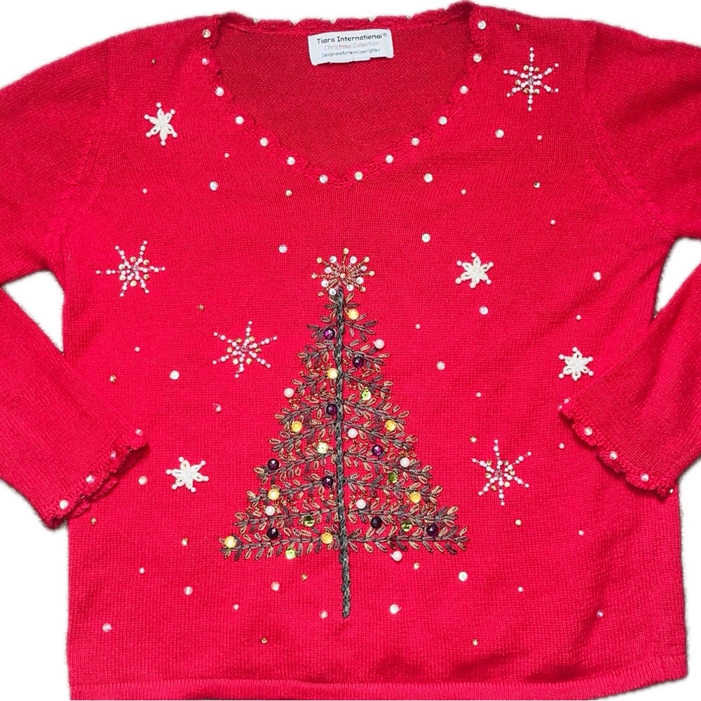 Whimsical Tiara International Beaded Christmas Coquette Red Sweater‎